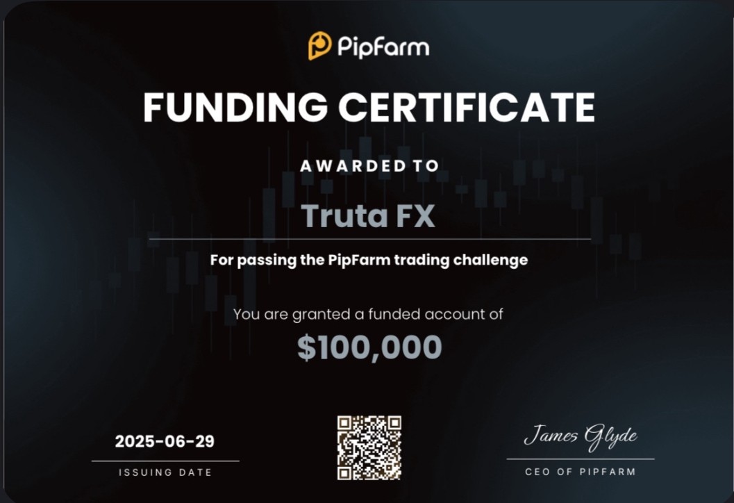 PipFarm funding certificate — Truta FX, $100,000 funded account