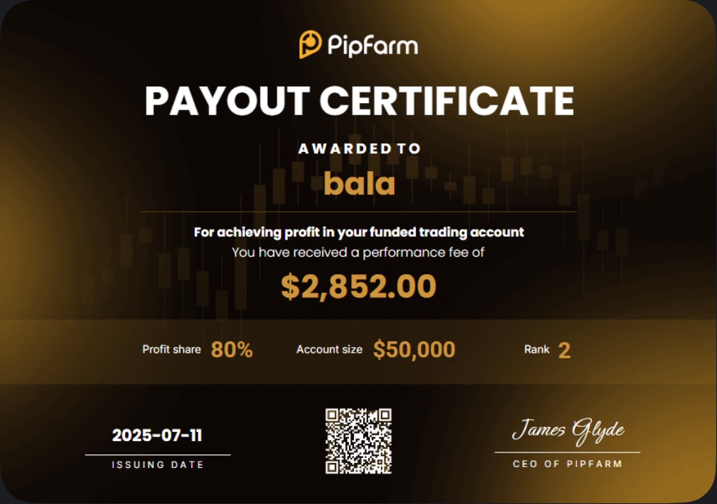 PipFarm payout certificate — bala, $2,852 performance fee