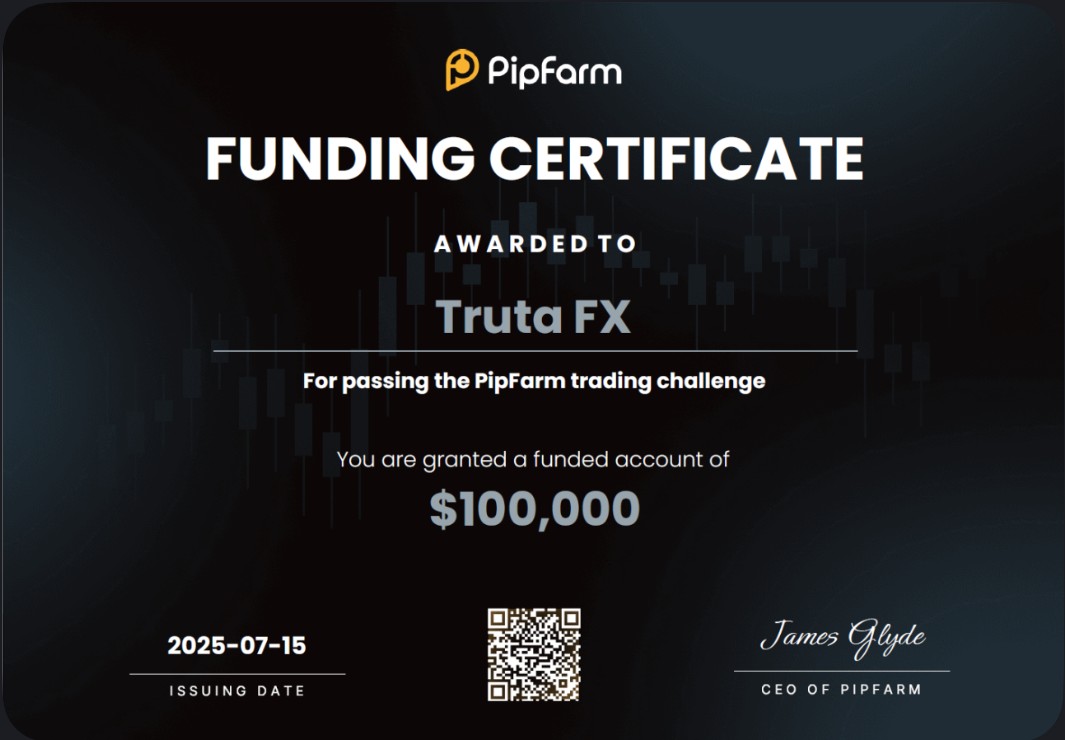 PipFarm funding certificate — Truta FX, $100,000 funded account